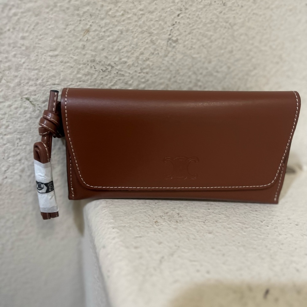 New With NO Box Celine Sunglasses Case Wristlet Brown Leather Logo Suede